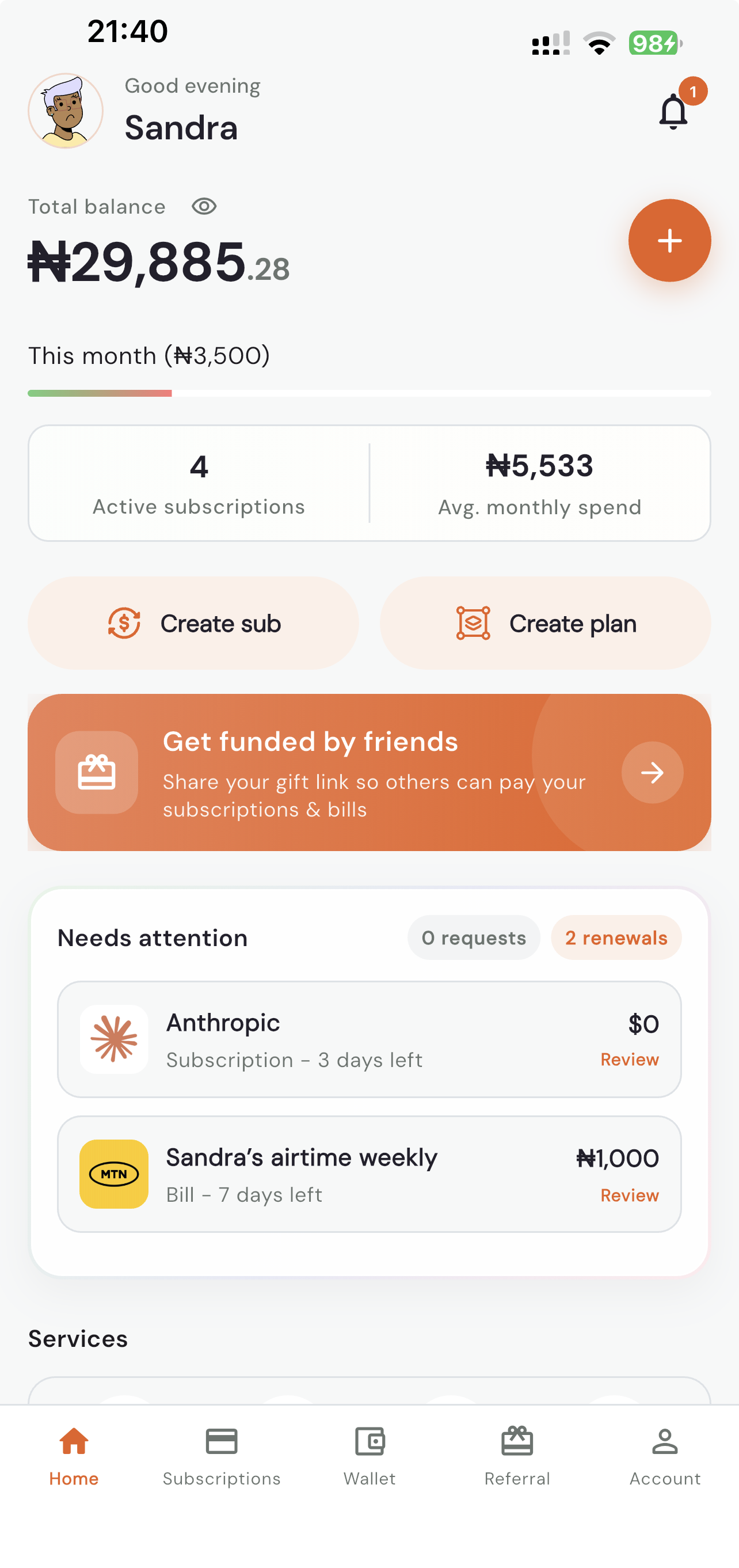 Subsecute home screen showing active subscriptions, monthly spending, gift-link sharing and renewals needing attention