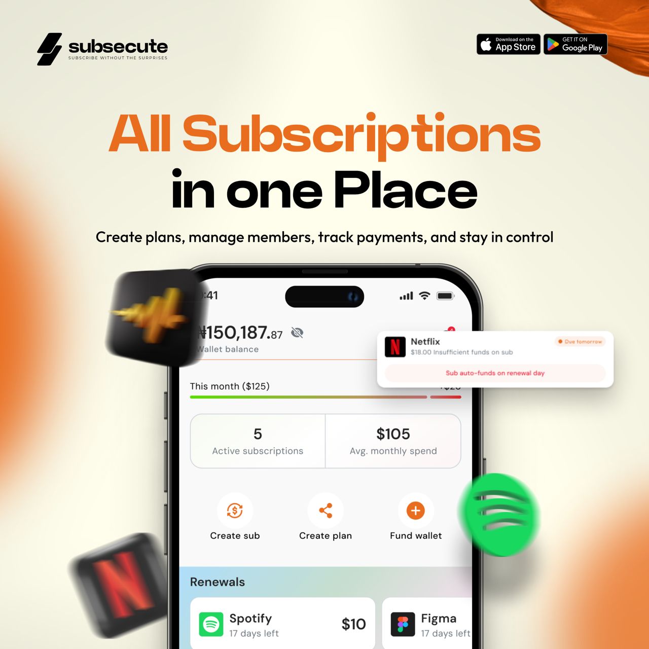 Subsecute dashboard showing a Netflix renewal due tomorrow, funded automatically on renewal day