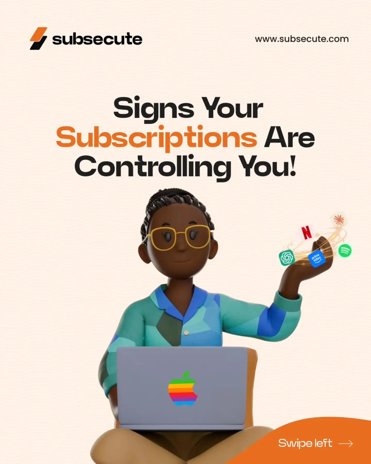 A person surrounded by streaming and app logos, with the words "Signs your subscriptions are controlling you."